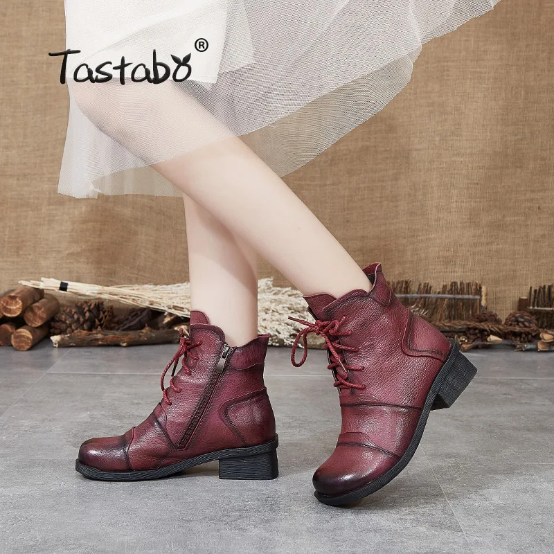 Tastabo Botines de piel auténtica para mujer, botas de diario, color caqui,  negro, rojo y vino, estilo Retro, fondo suave y cómodo, S88205|Botas hasta  el tobillo| - AliExpress