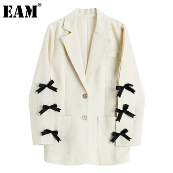 

[EAM] Women Beige Bow Split Joint Temperament Blazer New Lapel Long Sleeve Loose Fit Jacket Fashion Spring Autumn 2020 1DC485