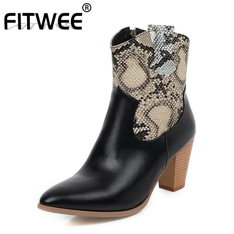 

FITWEE Plus Size 34-47 New Arrival 2020 Women Ankle Boots Pointed Toe Snake Ladies Shoes Fashion Thick Heel Chelsea Boots