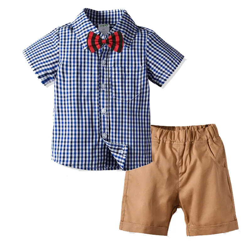 

Children Plaid Pure Pumping Short Sleeve Shirt Woven Short Sleeve ling jie Set BOY'S Baby Leisure Suit