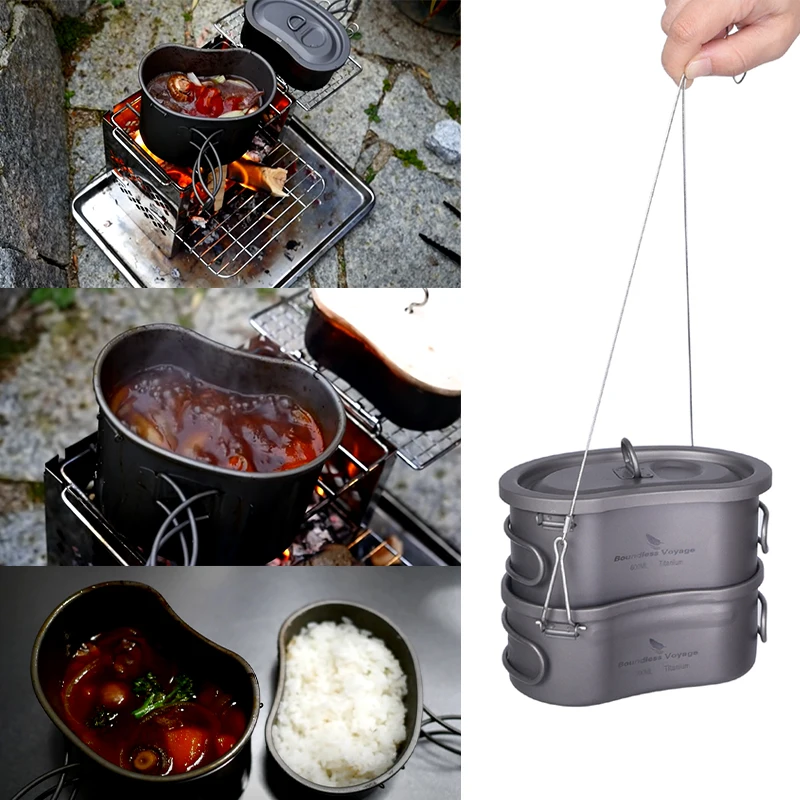 Titanium Bowl Pot Set Ultralight Canteen Mess Kit Camping Kidney Type Cookware