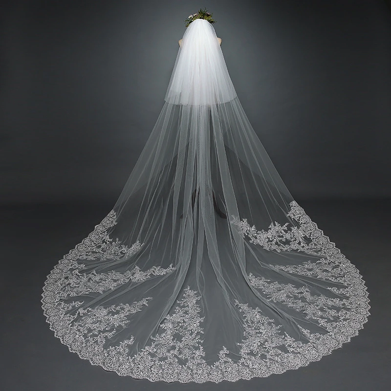 Real 3.5m Lace Applique Wedding Veil Long White Ivory 1T Cathedral Women Bridal Veils Wedding Accessories veu de noiva 