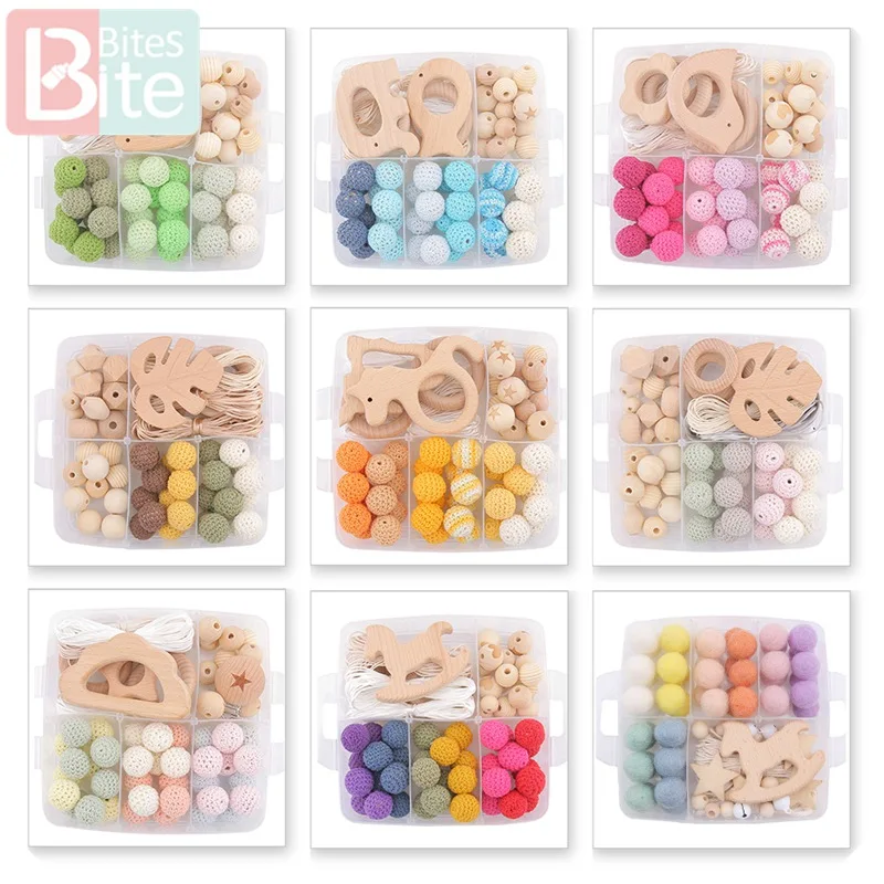 

Bite Bites 1Set Baby Teether DIY Silicone Beads Pacifier Clip Chain Baby Mobile Wool ball BPA Free Wooden Crochet Beads Teether