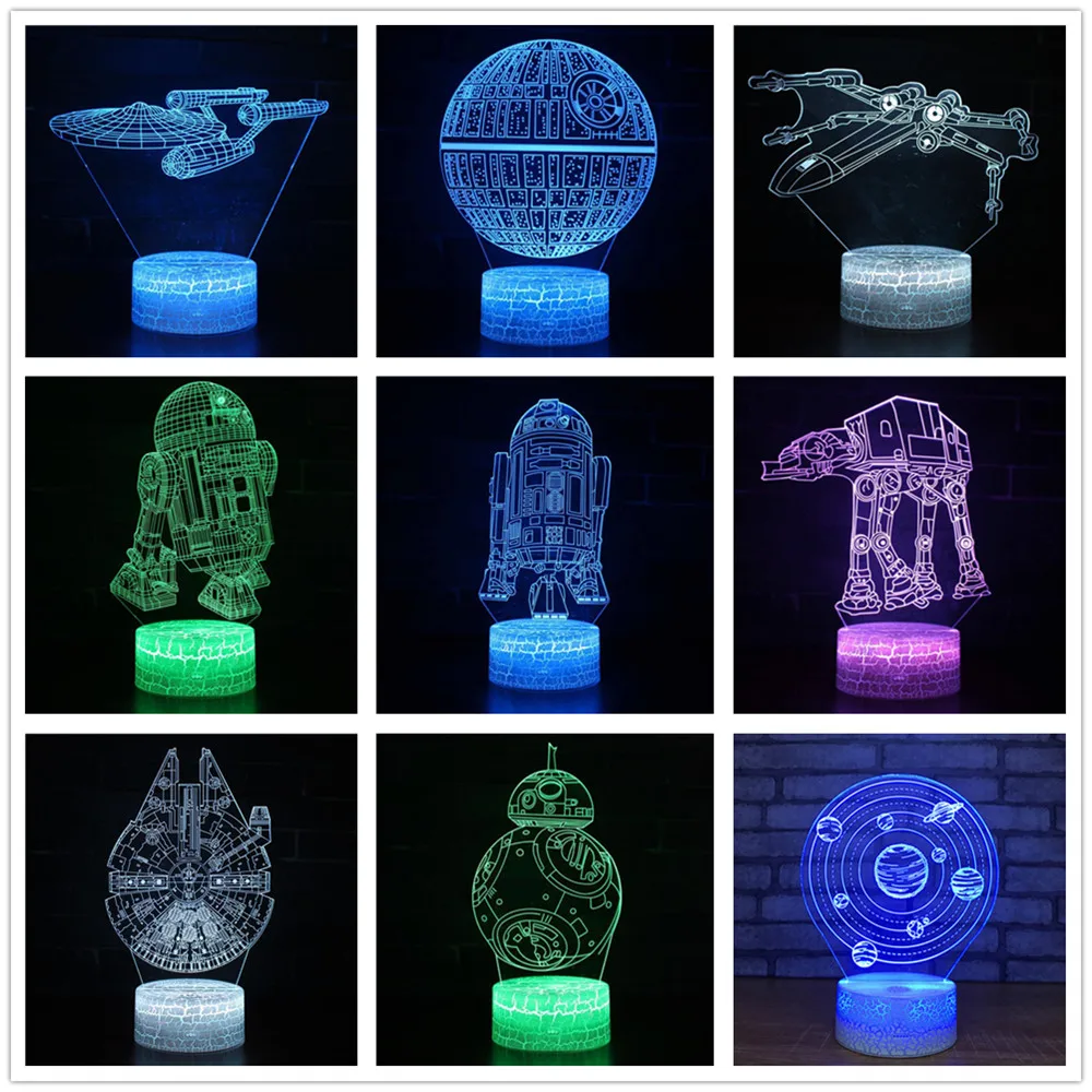

Kinglight Star Wars Master Yoda Darth Vader R2D2 Death BB8 Trek Millennium X Fighter 7 Color change 3D Optical Night Light Lamp