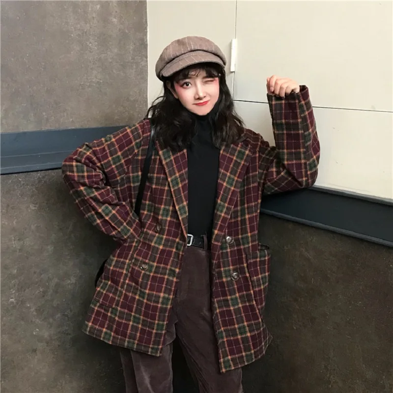 Корейский ulzzang свободное клетчатое шерстяное пальто женское осеннее Новое ins Harajuku винтажный Модный костюм воротник Кнопка Повседневная Женская куртка