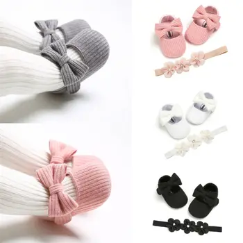 

2pcs Newborn Baby Girl First Walkers Soft Cotton Princess Sole Crib Shoes Anti-slip Sneaker Prewalker +Headband 0-18M