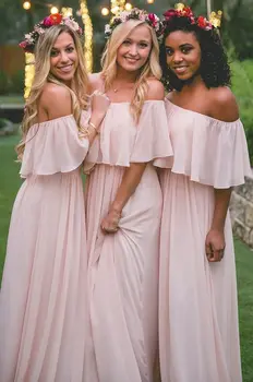 

Off The Shoulder Pink Bridesmaid Dresses Plus Size Chiffon Long Wedding Guests Dresses Women Party Dress