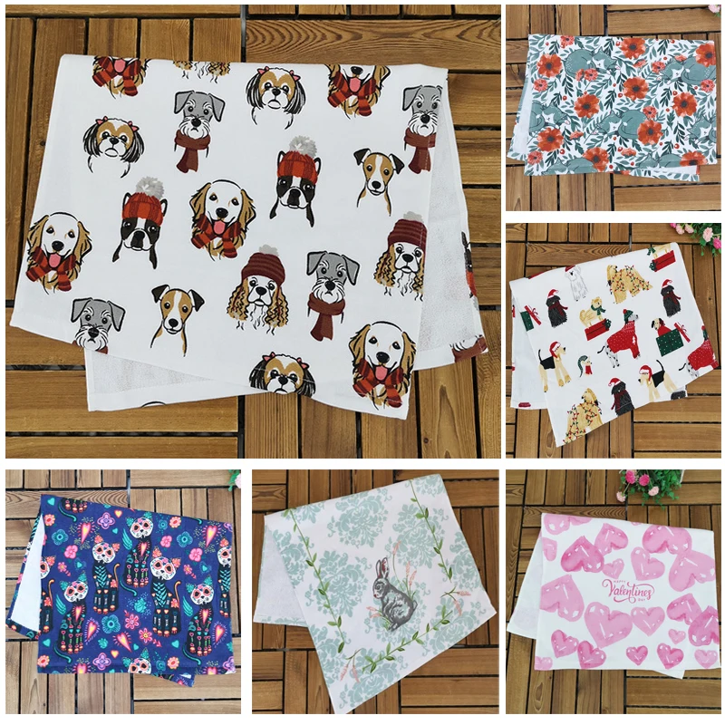 

70x45cm Eco Printed Dish Towel Kitchen Towel Tea Towel Napkin Soft Absorbent Clearing Cloth 100% Cotton Cute Dogs Cats Rabbit