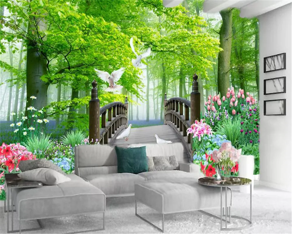 Custom Mural 3d Wallpaper Beautiful Flowers Forest White Pigeon Wood Arch Bridge Living Room Bedroom Decoration | Обустройство дома