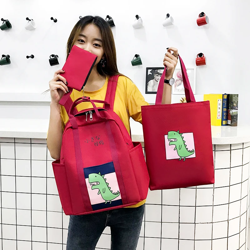 

2019 Women Backpack Summer 3 Set Cute Pattern Solid Color New Backpack Women School Bag For Teenage girls Bagpack Backbag