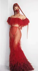 Sexy Red Feather Tube Top Mesh Perspective Party Long Dress Women Birthday Celebration Trailing Dress Evening Gown Stage Wear
