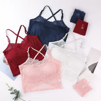 

Lace Side Floral Side Women Lingerie Set Padded Underwear Stretchy Mesh Beauty Back Solid Color Bra Low Waist Brief Intimate