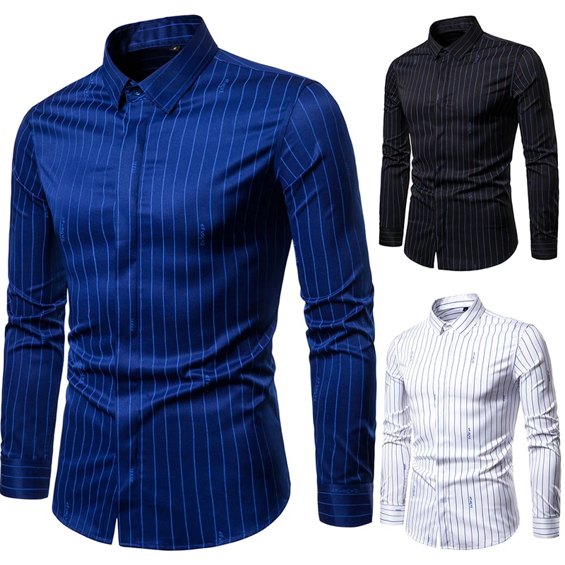 

2019 Spring and Autumn Men's Shirt Men's Casual England Trend Stripe Large Size Stretch Shirt Long Sleeve Slim Mens Shirt