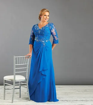 

Plus Size 2019 Mother Of The Bride Dresses A-line 3/4 Sleeves Blue Chiffon Lace Beaded Long Groom Mother Dresses For Weddings