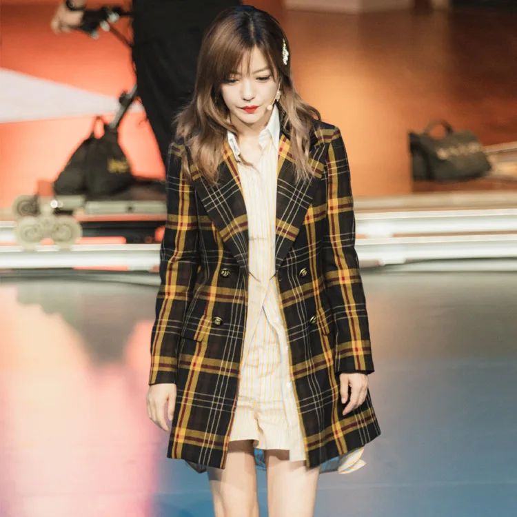 

2019 Star Zhao Wei Wu Chose Your Celebrity Style Yellow Plaid Autumn And Winter New Style Woolen Jacket Overcoat