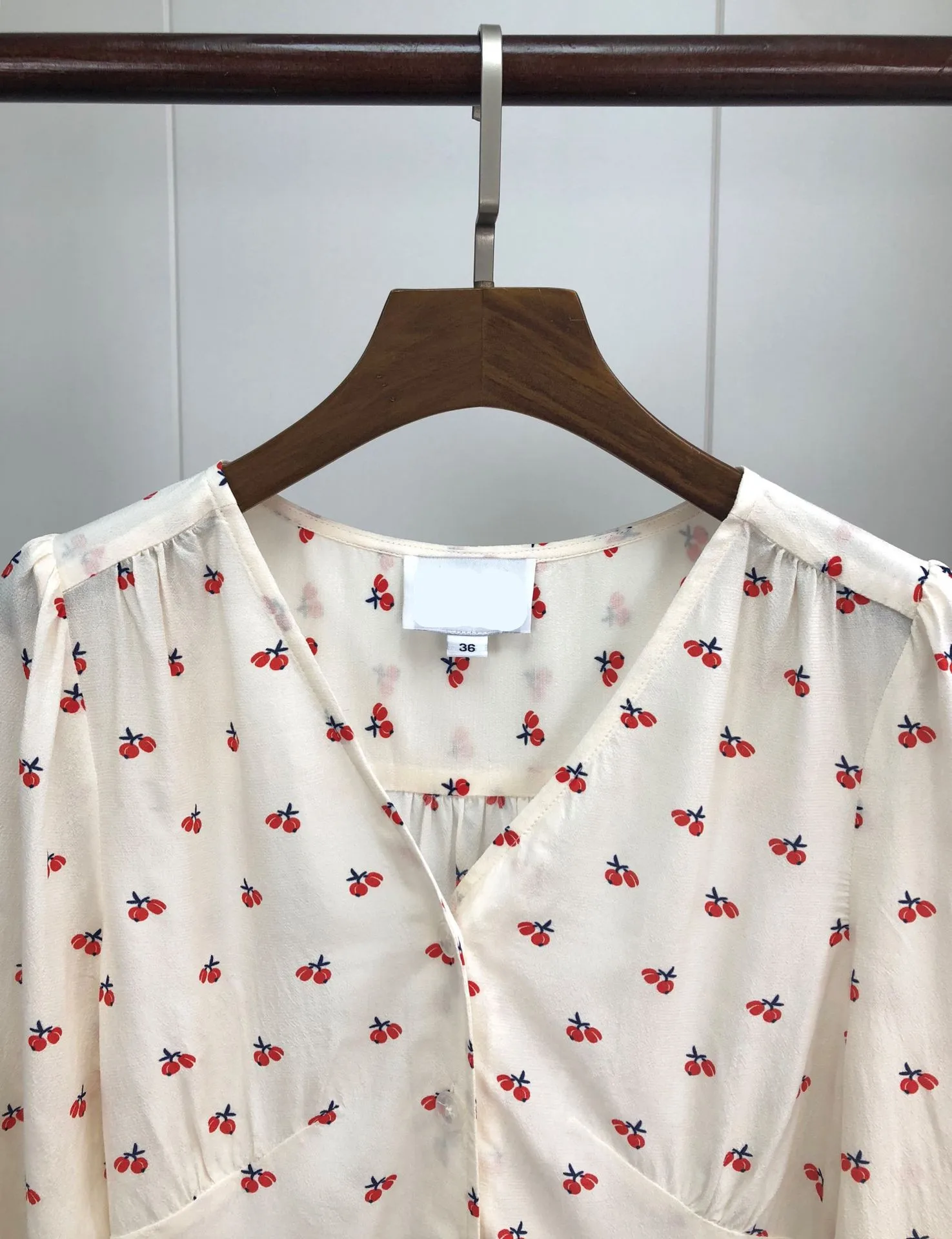 Женская блузка с длинным рукавом, рубашка, женские блузки, топ, vestido de festa, вишневый принт, v-образный вырез, длинный рукав, вискозная блузка