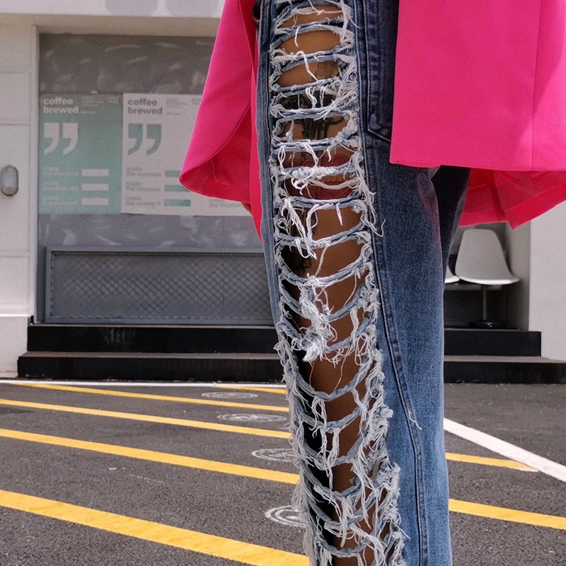 TWOTWINSTYLE сторона из джинсового материала в ажурном стиле Для женщин брюки с высокой талией, из лоскутов с кисточками уличные джинсы женские Осенняя мода; Новинка