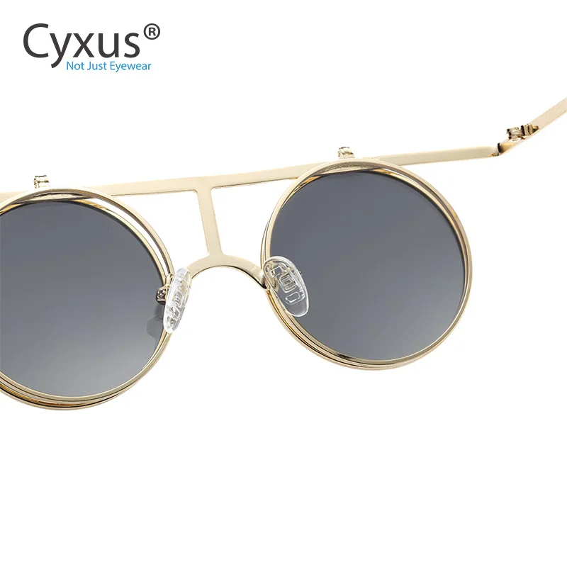 Cyxus унисекс Ретро двойные сложенные Круглые Солнцезащитные очки Uv400 поляризованные очки для мужчин и женщин металлическая оправа 1970