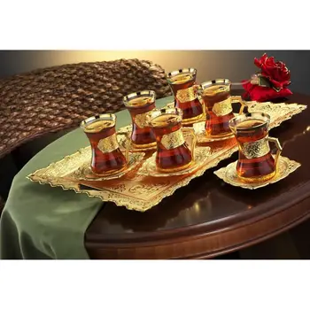 

Gold Colour Turkish Tea Set Thin Waist Plain Model