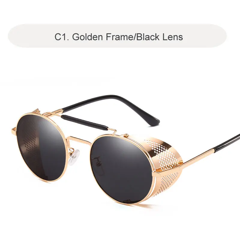 C1 Golden-Black Готические солнцезащитные очки в стиле стимпанк для мужчин и женщин круглый металлический Ретро рамка мужские солнцезащитные очки Брендовые дизайнерские Панк мужские очки - Цвет линз: C1 Golden-Black