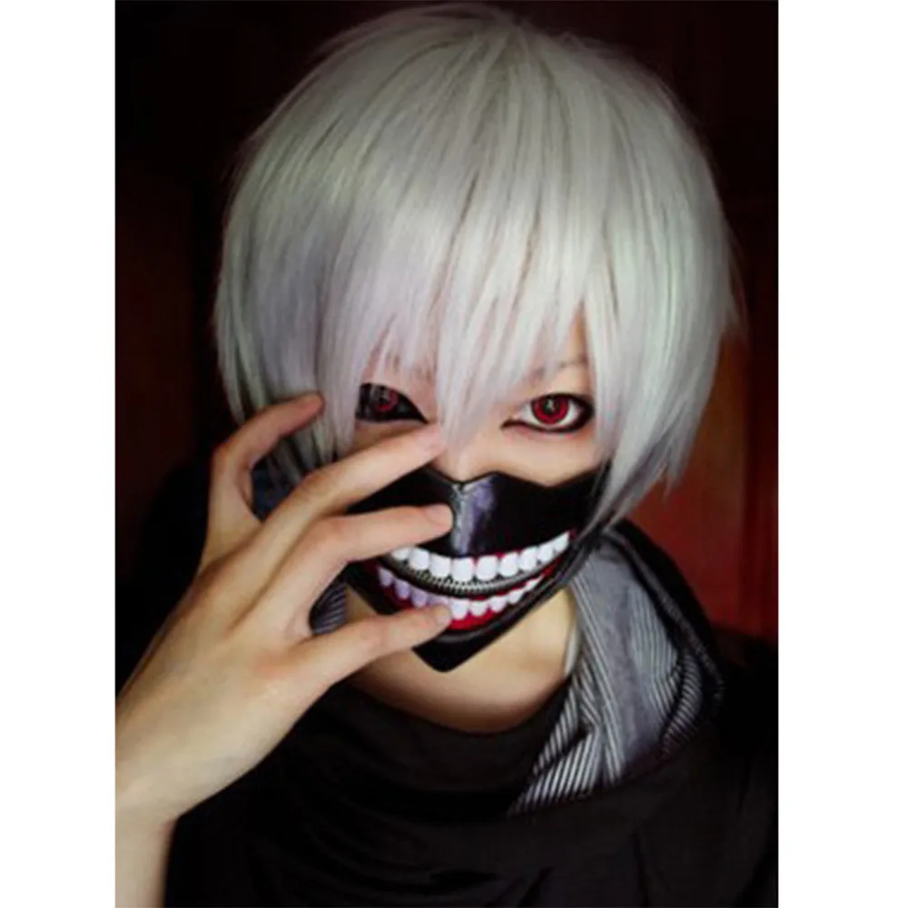Парик для косплея Tokyo Ghoul Kaneki Ken серебристо белые прямые синтетические волосы на
