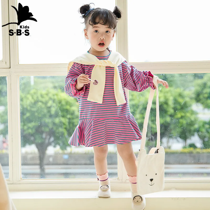 2019 Autumn Children's Dress with Shawl 2 Pcs Set Girl Striped Casual Long Sleeves for Outwear | Детская одежда и обувь