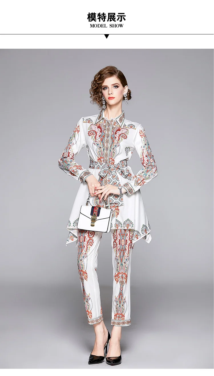 Осенне-зимний модный подиумный брючный костюм, Женский винтажный комплект из двух предметов, с принтом, с поясом, с бантом, необычная длинная рубашка, блузка+ брюки-карандаш