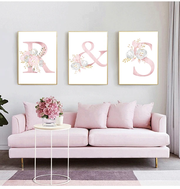 Flowers Wall Art Pictures For Girls Room Decoration Personalized Poster Baby Name Custom Canvas Painting Nursery Prints Pink 2