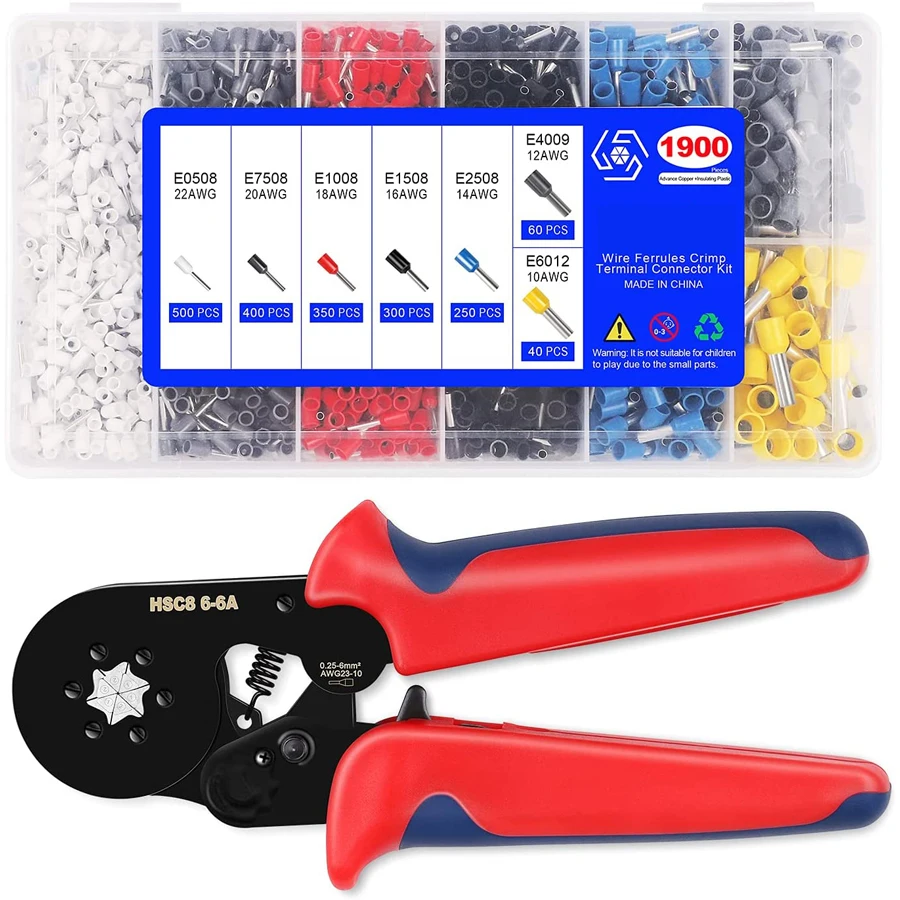 Ferrule Crimping Tool Kit Hexagonal Sawtooth Self-Adjustable Ratchet Wire Terminals Crimper Kit With 1900 Tubular Terminals Set