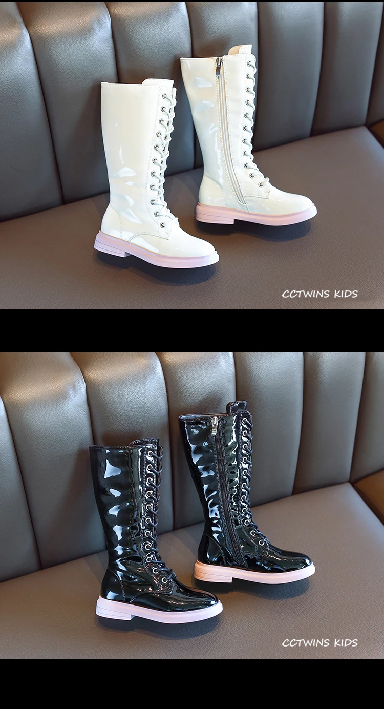 CCTWINS Kids Shoes Winter Fashion Girls High Boots Children Lace Casual Shoes for Toddler Black Leather Martin Boots HB059