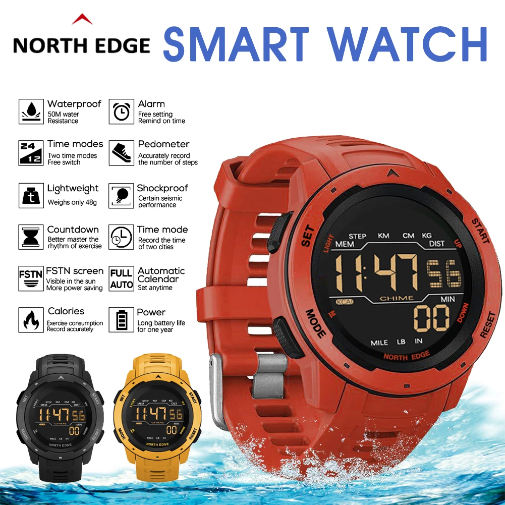 

North Edge Digital Sports Watch 50M Waterproof Outdoor Watch with Backlit, Stopwatch, Pedometer