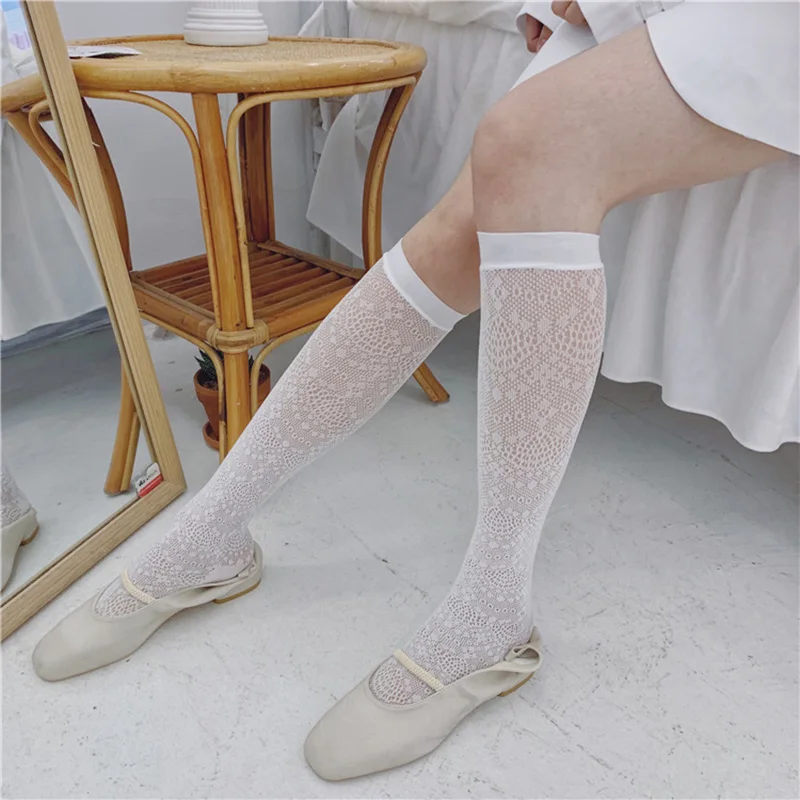 

Fashion Lolita Lace Long Socks Women Mesh Socks High KneeTransparent Happy Socks Leg Female Elastic Streetwear Calcetines