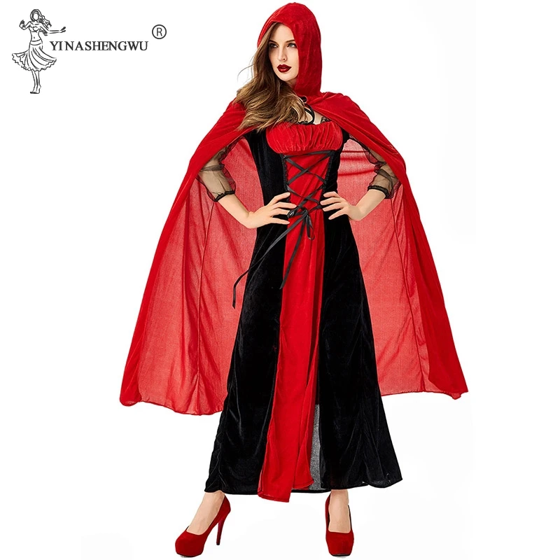 Deluxe Halloween Sexy Adult Women Vampire Costumes Victorian Vamp Fancy Party Dress Red and Black Witch Female Costumes