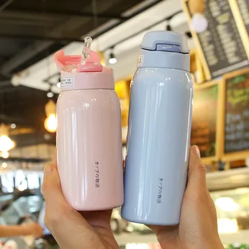

Children Leakproof Stainless Steel Straw Thermos Cup Fashionable and Simple Pure Color Outdoor Sport Cup for Male Female Student