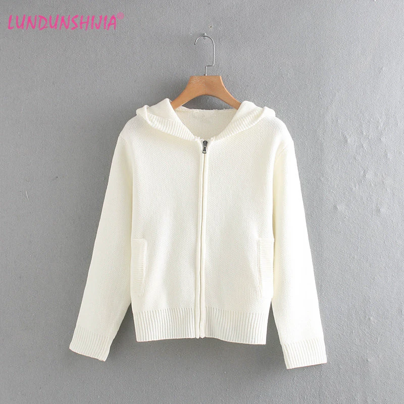 

LUNDUNSHIJIA 2019 Spring Autumn Women White Black Knitting Hooded Cardigan Sweaters Ladies Short Loose Cardigans Outwear