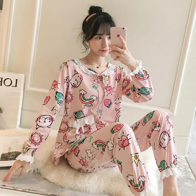 

Pajamas Women's Spring And Autumn Cute Rainbow Cat Long Sleeve Pure Cotton Two-Piece Set Autumn And Winter Days Students Princes