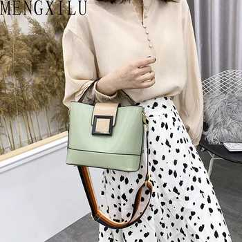 

MENGXILU Wide Shoulder Strap Crossbody Bags For Women 2020 Rivet Bucket Leather Purse Female Handbag Lady Girls Top-Handle Bags