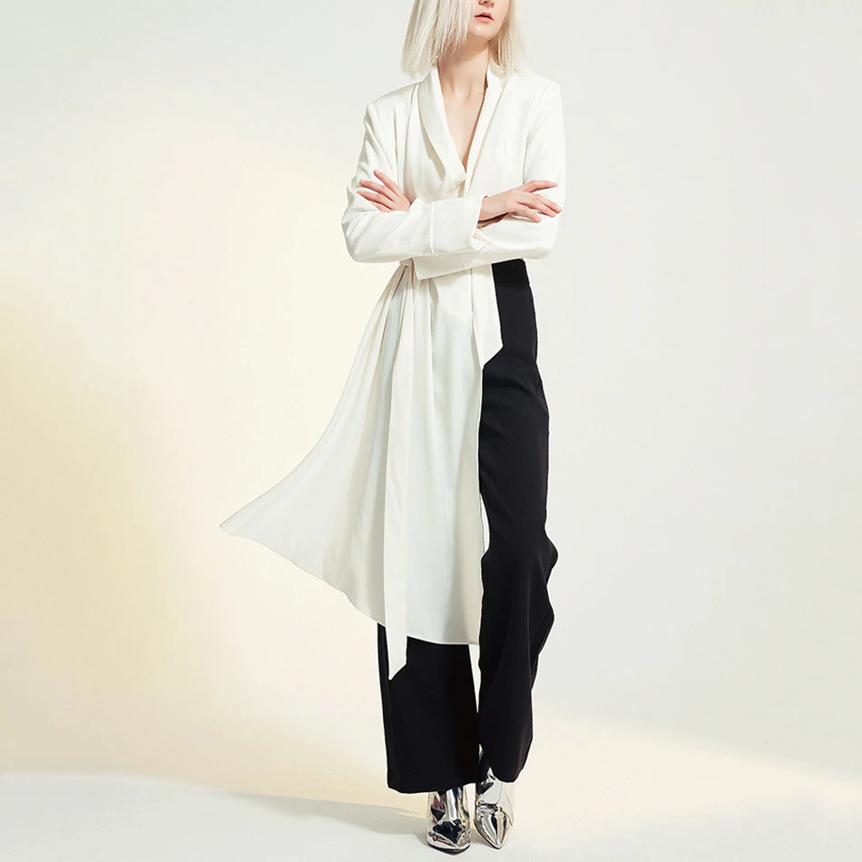 Winter Winter New V-Neck Long-Sleeved White Button Belt Solid Color Irregular Shirt Blouse Fashion Tide