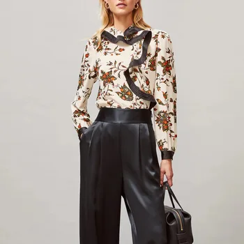 

2020 spring new ruffles sleeve retro flower print women long sleeve 100% silk shirt