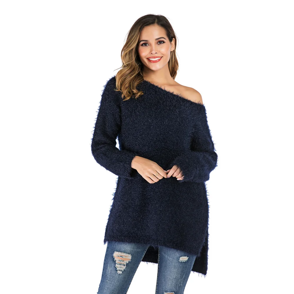 

Sweater female 2019 autumn and winter new casual lazy wind strapless word collar long sleeve hem open fork sweater top