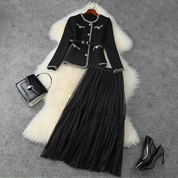 

European and American women's wear 2020 winter new style Long-sleeved single-breasted button Belt coat Gauze skirt Fashion suit