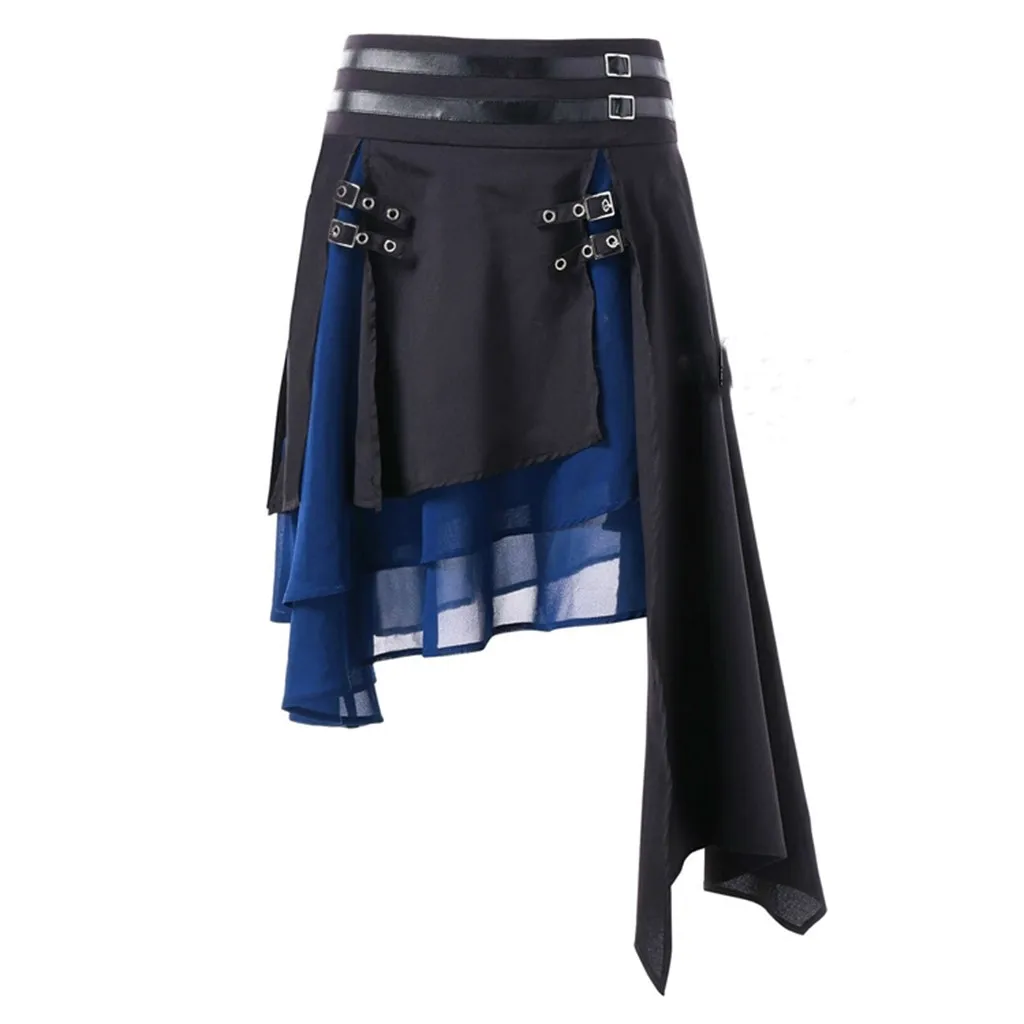 

38# Women Retro Punk Skirt Spell Color Irregular Hem Slit Leather Buckle Chiffon Skirt Skirts With Irregular Cuffed Petticoat
