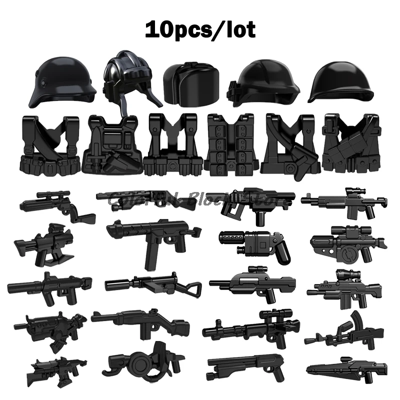 10pcs/lot MOC Weapons Accessories Hats Bulletproof Vests Guns Ammunition War Street View Equipment Boys Toys Building Block Gift