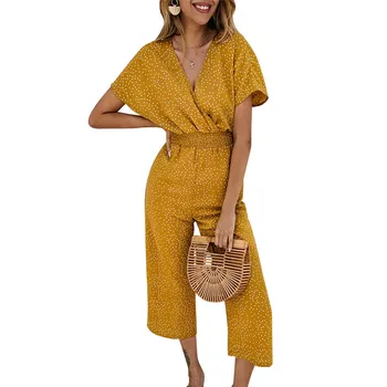 

jumpsuit women rompers summer casual overalls dot print v-neck short sleeve romper wide leg loose jumpsuits combinaison femme