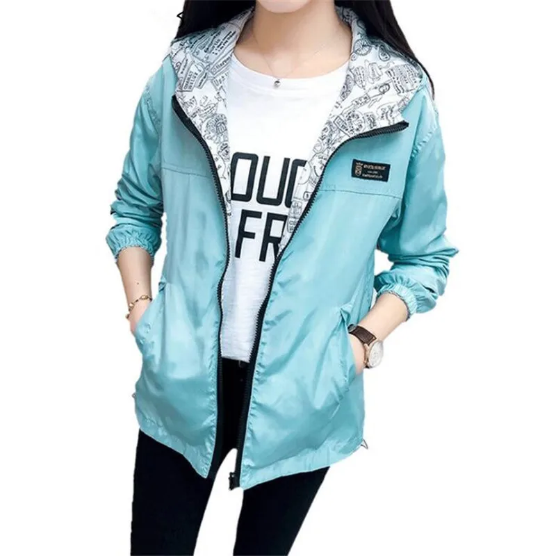 

Women's Spring Autumn Casual Hooded Two Sides Wear Trench Coat Long Sleeve Zipper Short Thin Coat