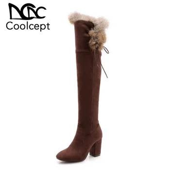 

CoolCept Women Over The Knee Boots Round Toe Zipper High Heels Shoes Winter Warm Fur Long Boots Women Footwear Size 32-43