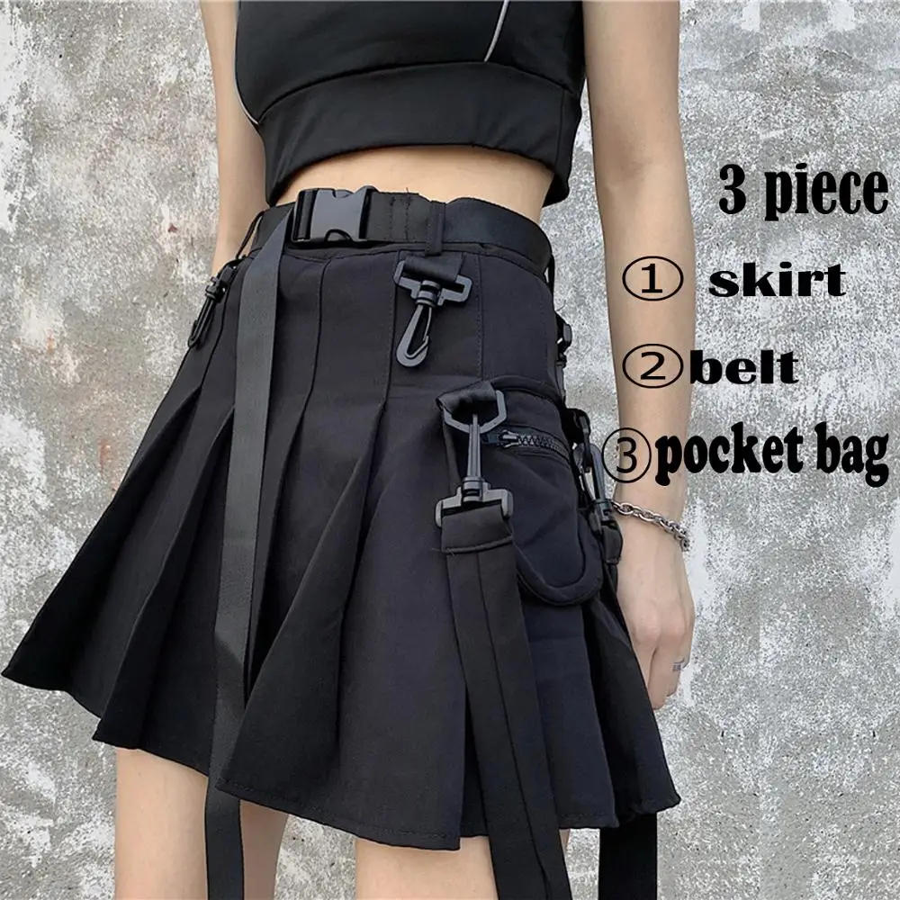 Elegant High Waist Belt Zipper Ribbon Pocket Pleated Mini Skirt Harajuku Streetwear Korean Women Gothic Hip Hop Cargo Punk Sexy