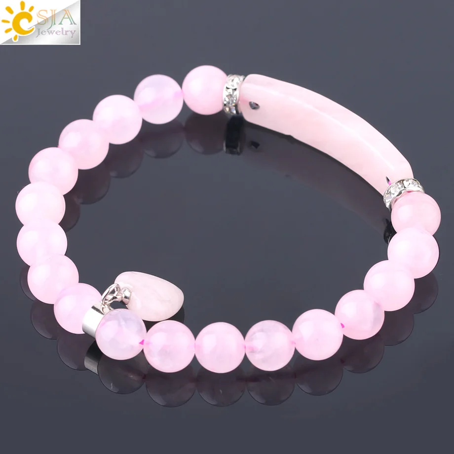 Natural Stone Crystal Bracelets Rose Pink Quartz Love Heart Charms Bangle for Girl Lover