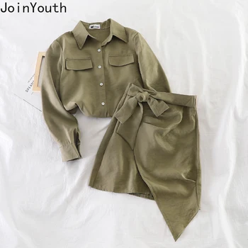 

Joinyouth Women Two Pieces Sets Long Sleeve Turn Down Causal Blouse Coat + Irregular Bow Tie Skirt Fashion Korean Suits 59151