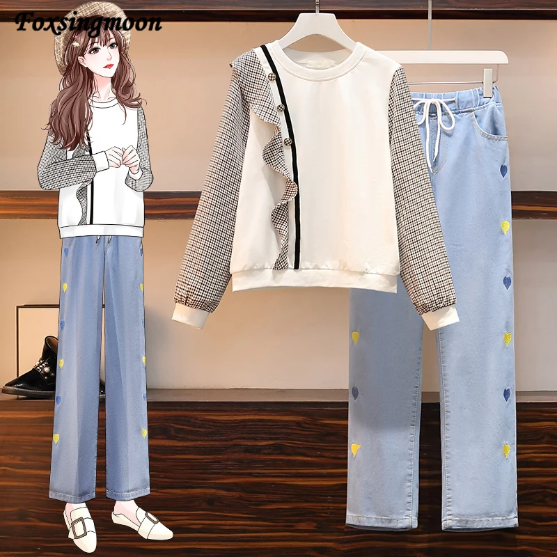 

Women Casual Sweatshirt 2 Pieces Set Suit Embroidered High Waist Jeans Sets Korean Casual Long Sleeve Top Women Fashion Suit